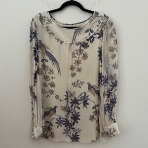 Tory Burch Cream and Blue Silk Floral Blouse Size 14